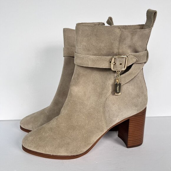 NEW Coach Olivia bootie Suede Block Stacked Heel Tan Zip Ankle Charm 10 - Picture 1 of 12